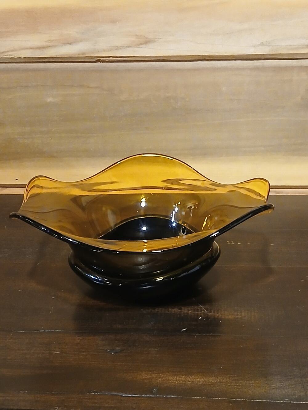Vintage Amber Glass Footed Console Bowl Wavy Crimped Rim Mid Century Modern